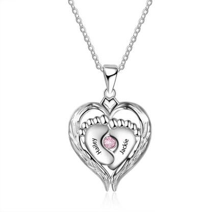 Personalized 925 Sterling Silver Necklace - Heart Shaped Baby Feet Pendant - Engrave Two Custom Names - One Birthstone - Personalized Jewel