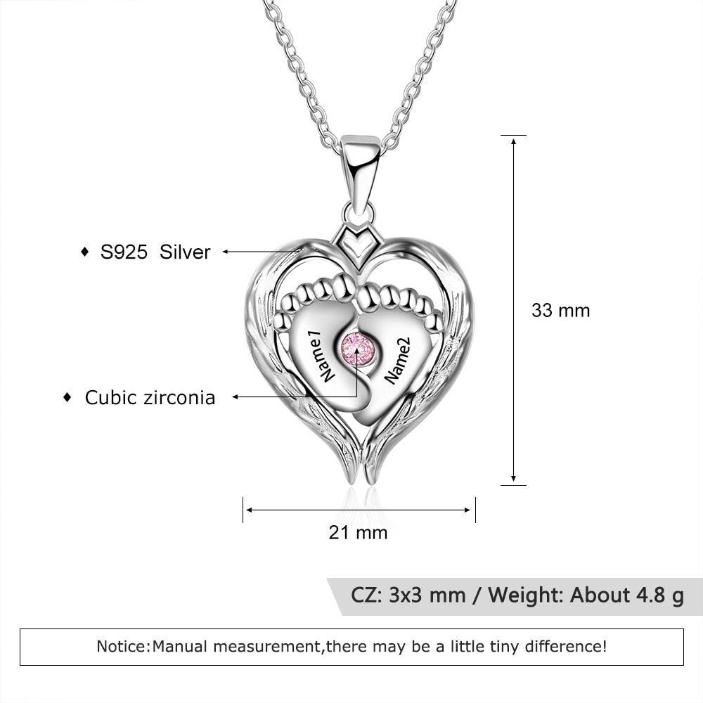 Personalized 925 Sterling Silver Necklace - Heart Shaped Baby Feet Pendant - Engrave Two Custom Names - One Birthstone - Personalized Jewel