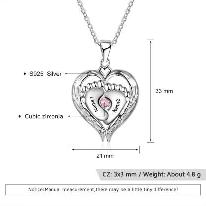 Personalized 925 Sterling Silver Necklace - Heart Shaped Baby Feet Pendant - Engrave Two Custom Names - One Birthstone - Personalized Jewel