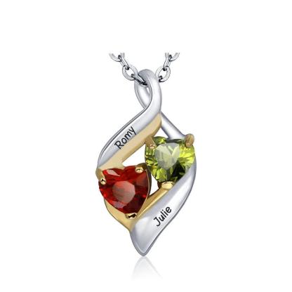 Personalized 925 Sterling Silver Necklace With 2 Birthstones, Trendy Name Engraved Women’s Pendant Necklace, Fashion Jewelry For Mother & Daughter - Personalized Jewel