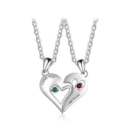 Personalized 925 Sterling Silver Necklace with 2Pcs/Set Merge Heart Shape Name & Birthstones Pendant, Trendy Lovers’ Jewelry - Personalized Jewel