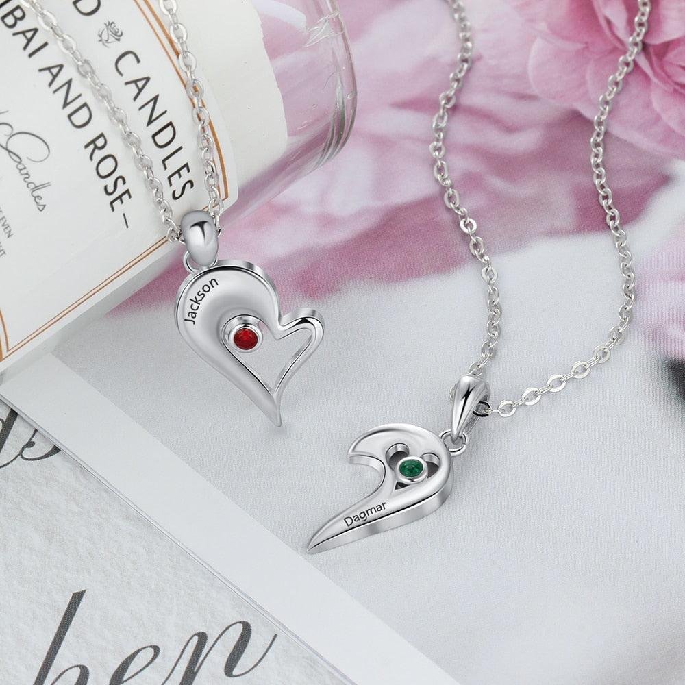 Personalized 925 Sterling Silver Necklace with 2Pcs/Set Merge Heart Shape Name & Birthstones Pendant, Trendy Lovers’ Jewelry - Personalized Jewel