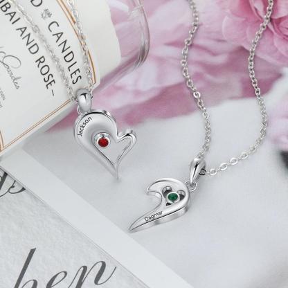 Personalized 925 Sterling Silver Necklace with 2Pcs/Set Merge Heart Shape Name & Birthstones Pendant, Trendy Lovers’ Jewelry - Personalized Jewel