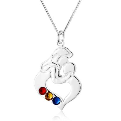 Personalized 925 Sterling Silver Necklace with Mother & Child Heart Shaped Pendant, Add 3 Birthstones, Fashion Jewelry - Personalized Jewel