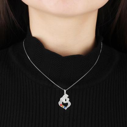Personalized 925 Sterling Silver Necklace with Mother & Child Heart Shaped Pendant, Add 3 Birthstones, Fashion Jewelry - Personalized Jewel