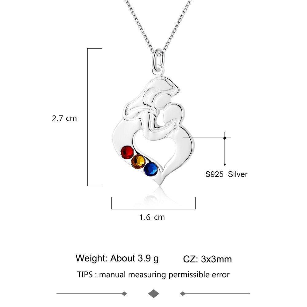 Personalized 925 Sterling Silver Necklace with Mother & Child Heart Shaped Pendant, Add 3 Birthstones, Fashion Jewelry - Personalized Jewel