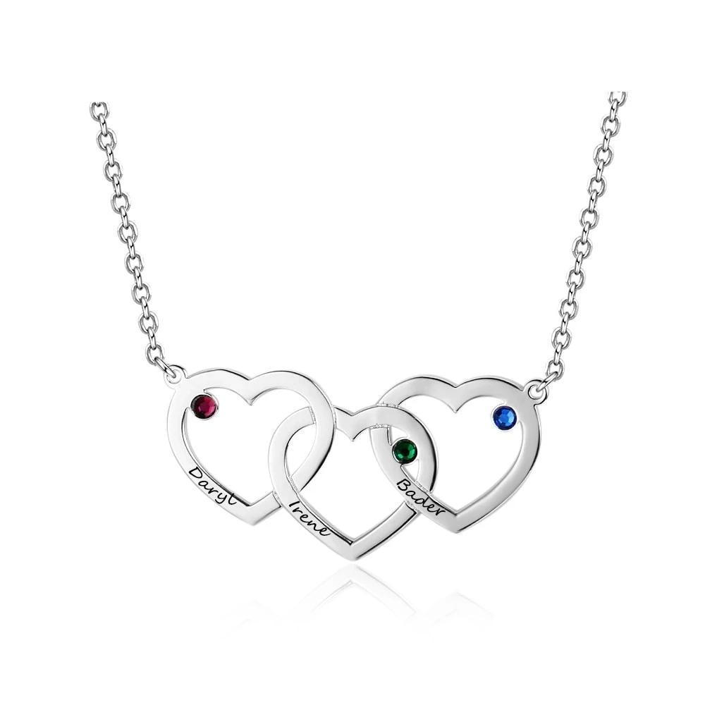 Personalized 925 Sterling Silver Pendant Necklace - Intertwined Hearts Shape Pendants - Engrave Three Custom Names & Custom Birthstones-Personalized Jewels