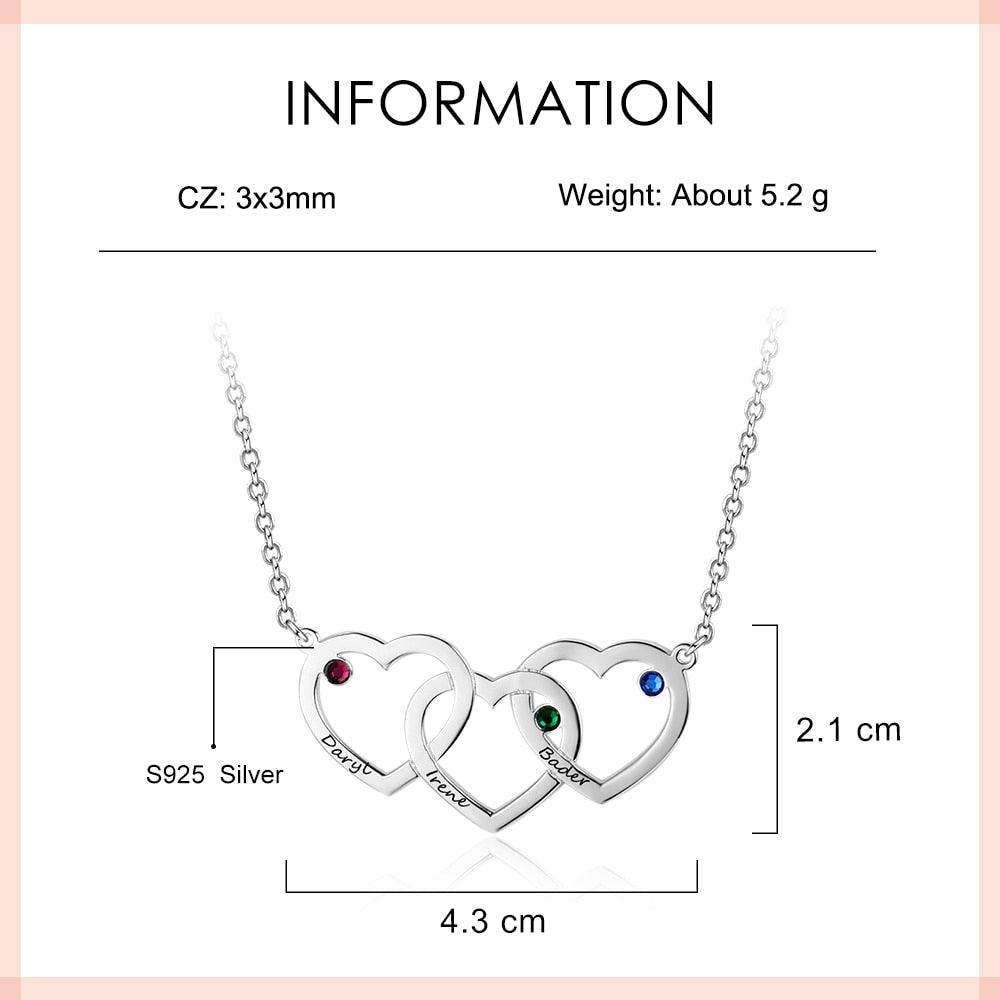 Personalized 925 Sterling Silver Pendant Necklace - Intertwined Hearts Shape Pendants - Engrave Three Custom Names & Custom Birthstones-Personalized Jewels
