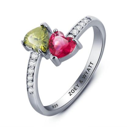 Personalized 925 Sterling Silver Promise Ring, Customize Cubic Zirconia Heart Birthstone & Engrave Name - Personalized Jewel