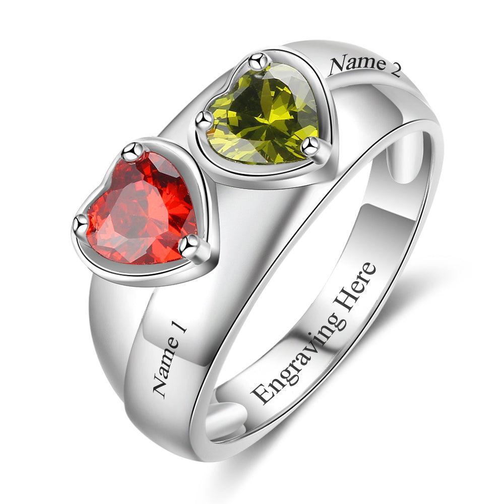Personalized 925 Sterling Silver Promise Rings for Women – Custom Heart Birthstones – Engraved 2 Texts – Trendy Jewelry Gift - Personalized Jewel