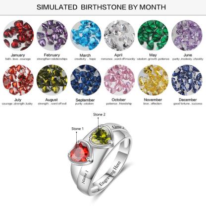 Personalized 925 Sterling Silver Promise Rings for Women – Custom Heart Birthstones – Engraved 2 Texts – Trendy Jewelry Gift - Personalized Jewel