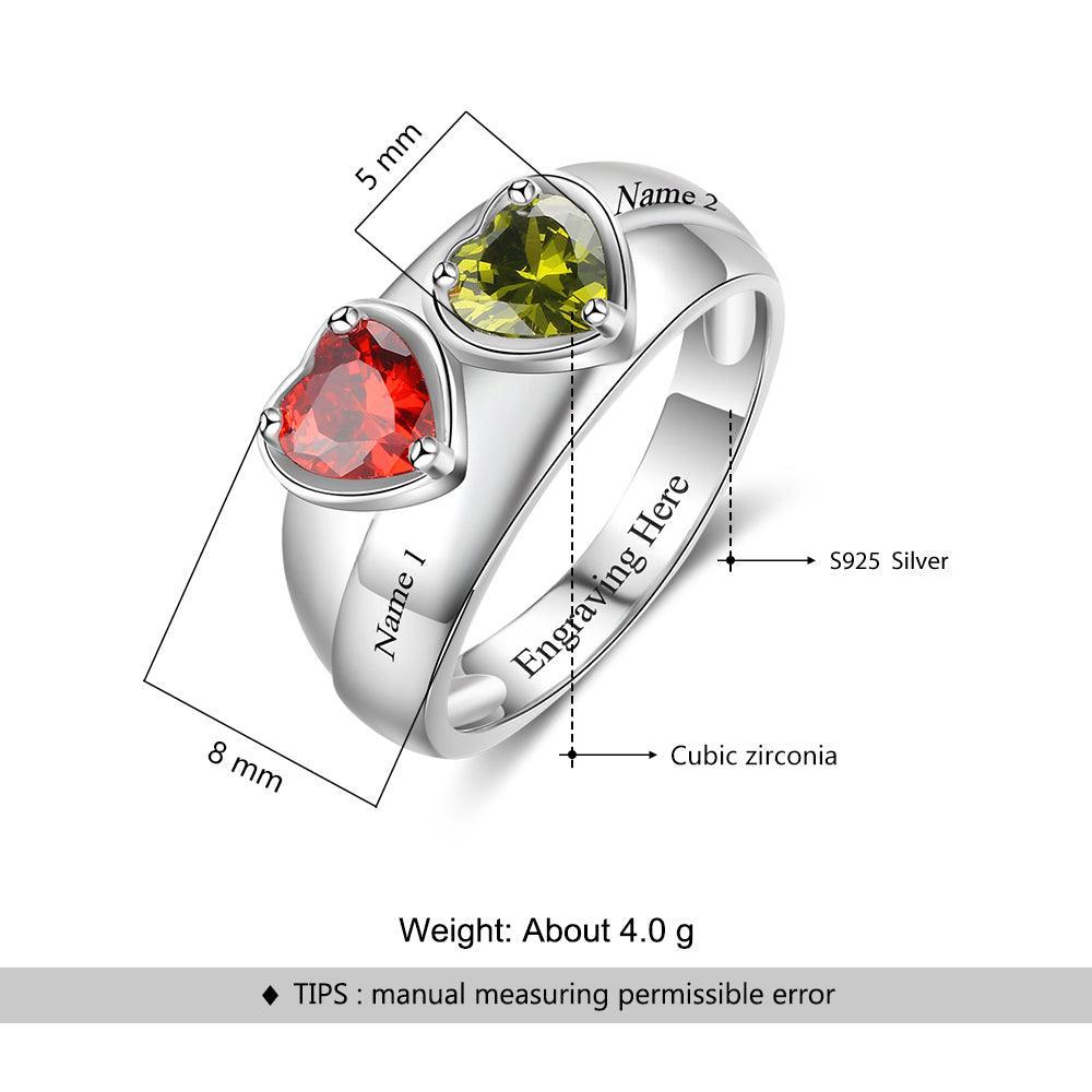Personalized 925 Sterling Silver Promise Rings for Women – Custom Heart Birthstones – Engraved 2 Texts – Trendy Jewelry Gift - Personalized Jewel