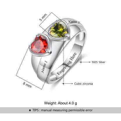 Personalized 925 Sterling Silver Promise Rings for Women – Custom Heart Birthstones – Engraved 2 Texts – Trendy Jewelry Gift - Personalized Jewel