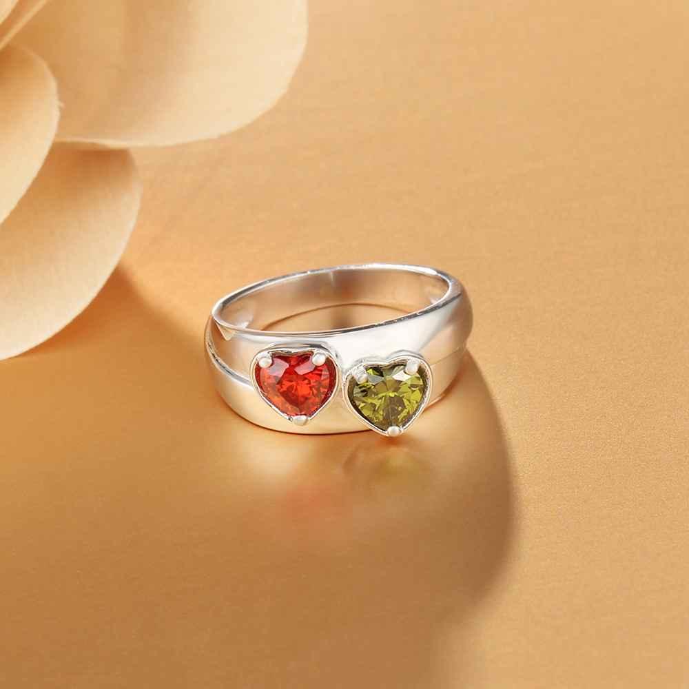 Personalized 925 Sterling Silver Promise Rings for Women – Custom Heart Birthstones – Engraved 2 Texts – Trendy Jewelry Gift - Personalized Jewel