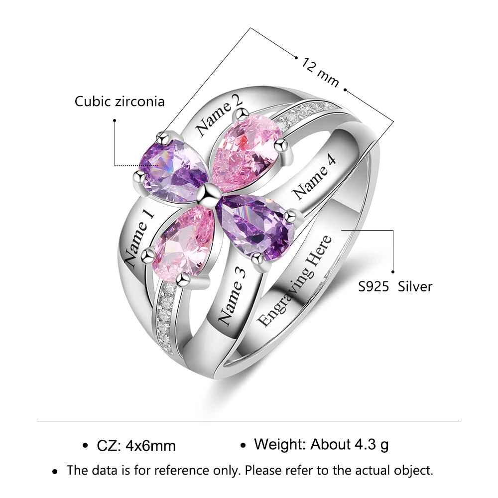 Personalized 925 Sterling Silver Promise Rings for Women – Engrave Four Names – Custom 4 Birthstones – Fashion Jewelry Gift - Personalized Jewel