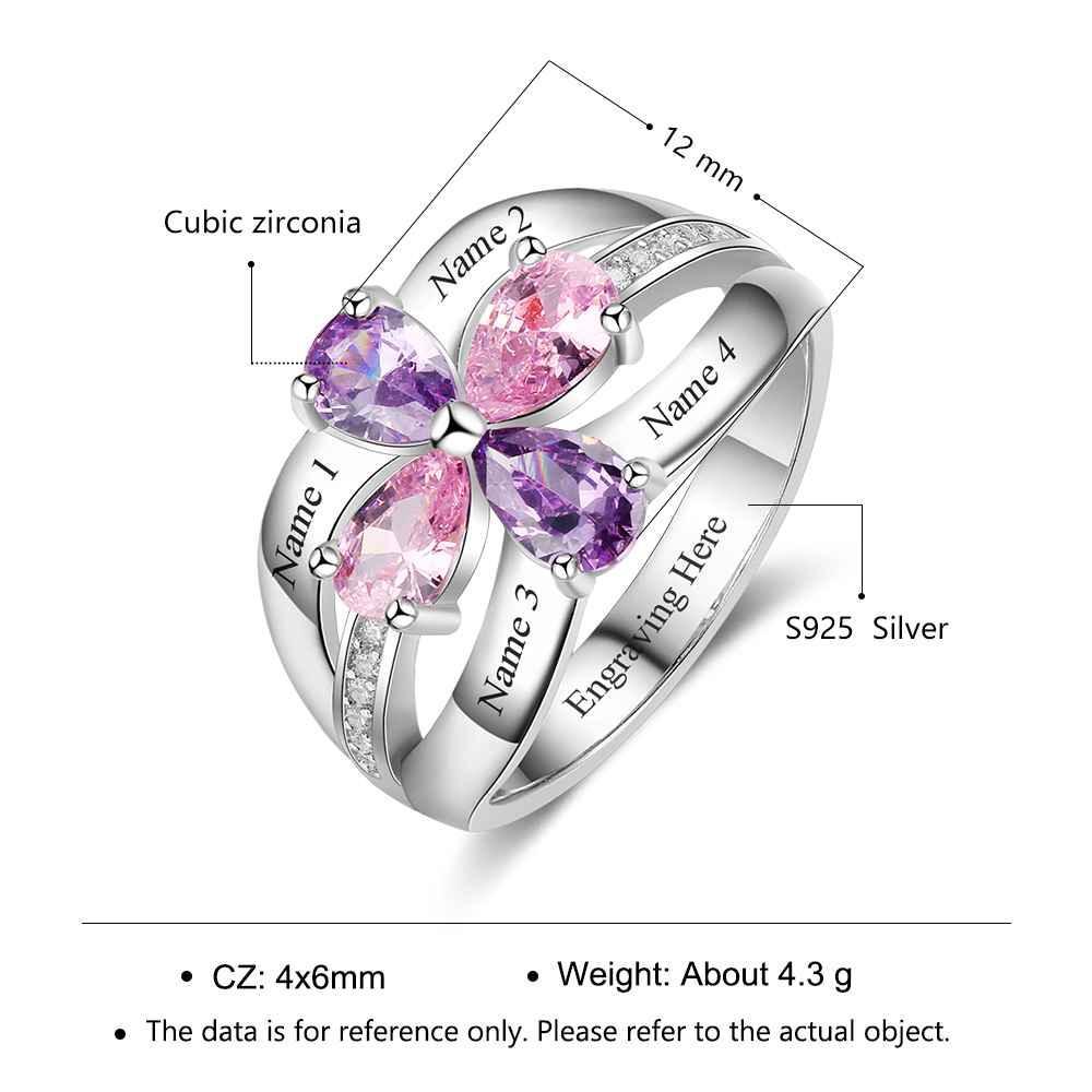 Personalized 925 Sterling Silver Promise Rings for Women – Engrave Four Names – Custom 4 Birthstones – Fashion Jewelry Gift - Personalized Jewel