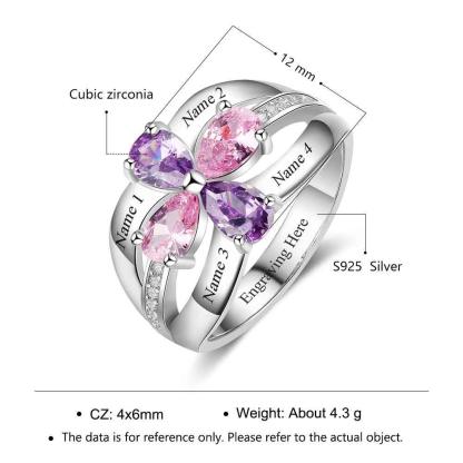 Personalized 925 Sterling Silver Promise Rings for Women – Engrave Four Names – Custom 4 Birthstones – Fashion Jewelry Gift - Personalized Jewel