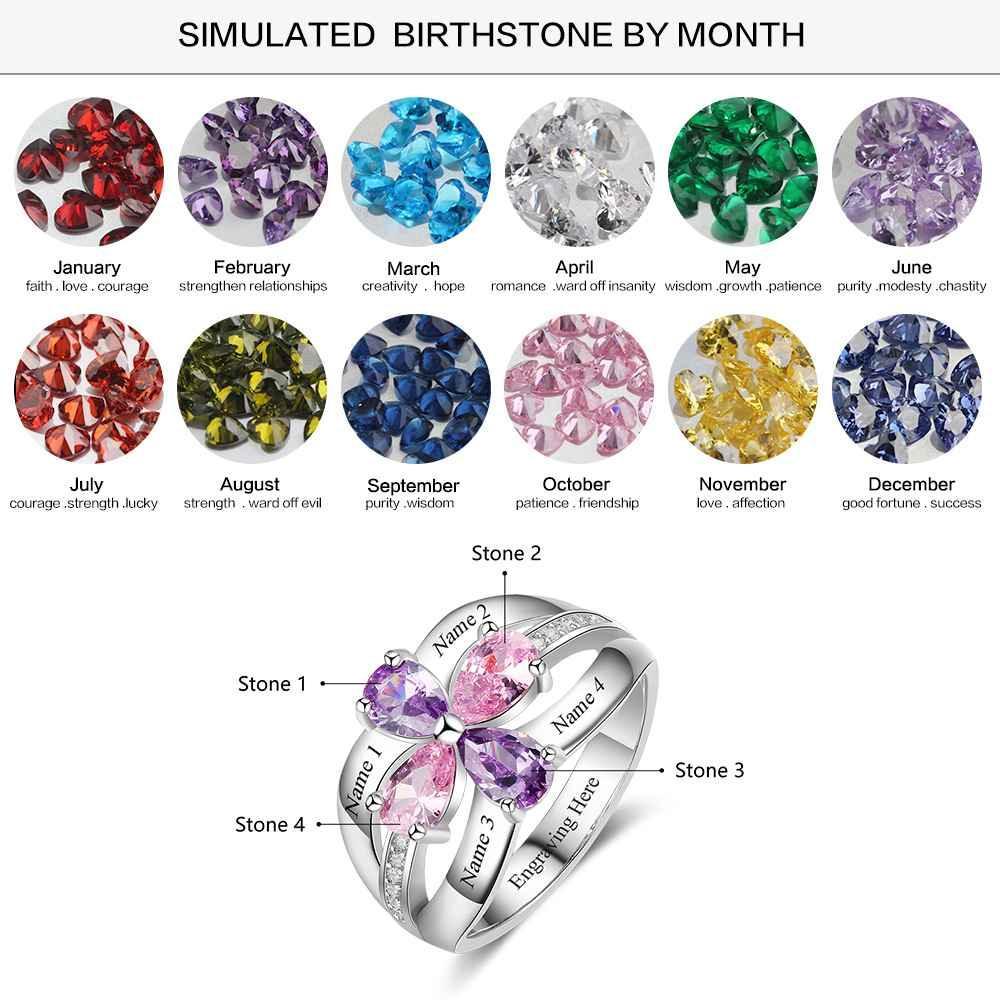 Personalized 925 Sterling Silver Promise Rings for Women – Engrave Four Names – Custom 4 Birthstones – Fashion Jewelry Gift - Personalized Jewel