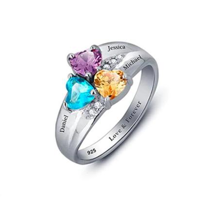 Personalized 925 Sterling Silver Ring- 3 Custom Birthstones and 3 Names Engraved Band - Personalized Jewel