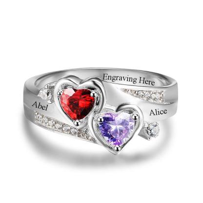 Personalized 925 Sterling Silver Ring - Custom Heart Birthstone - Engrave Custom Names - Customized Gift - Personalized Jewel