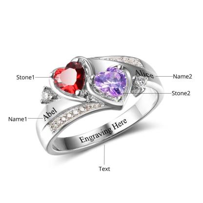 Personalized 925 Sterling Silver Ring - Custom Heart Birthstone - Engrave Custom Names - Customized Gift - Personalized Jewel