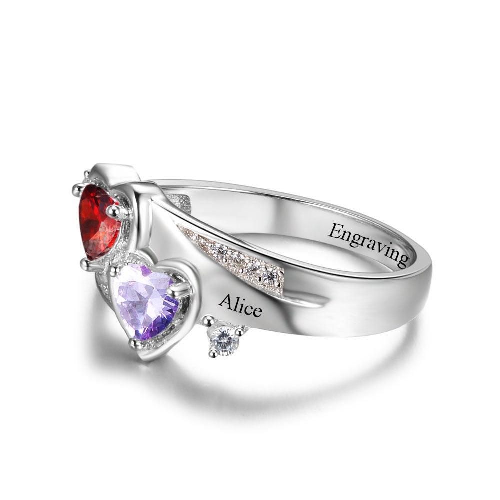 Personalized 925 Sterling Silver Ring - Custom Heart Birthstone - Engrave Custom Names - Customized Gift-Personalized Jewels