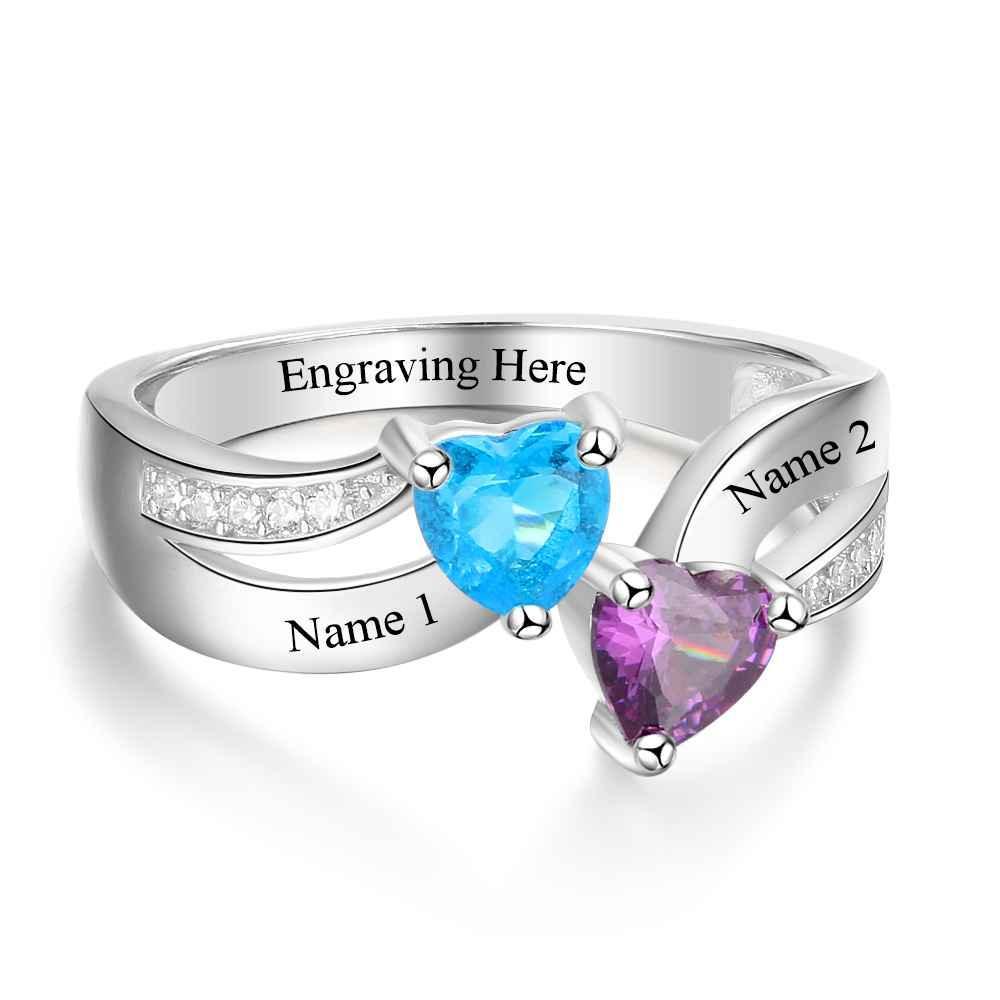 Personalized 925 Sterling Silver Ring - Custom Heart Shape Birthstone - Engraved Custom Names-Personalized Jewels