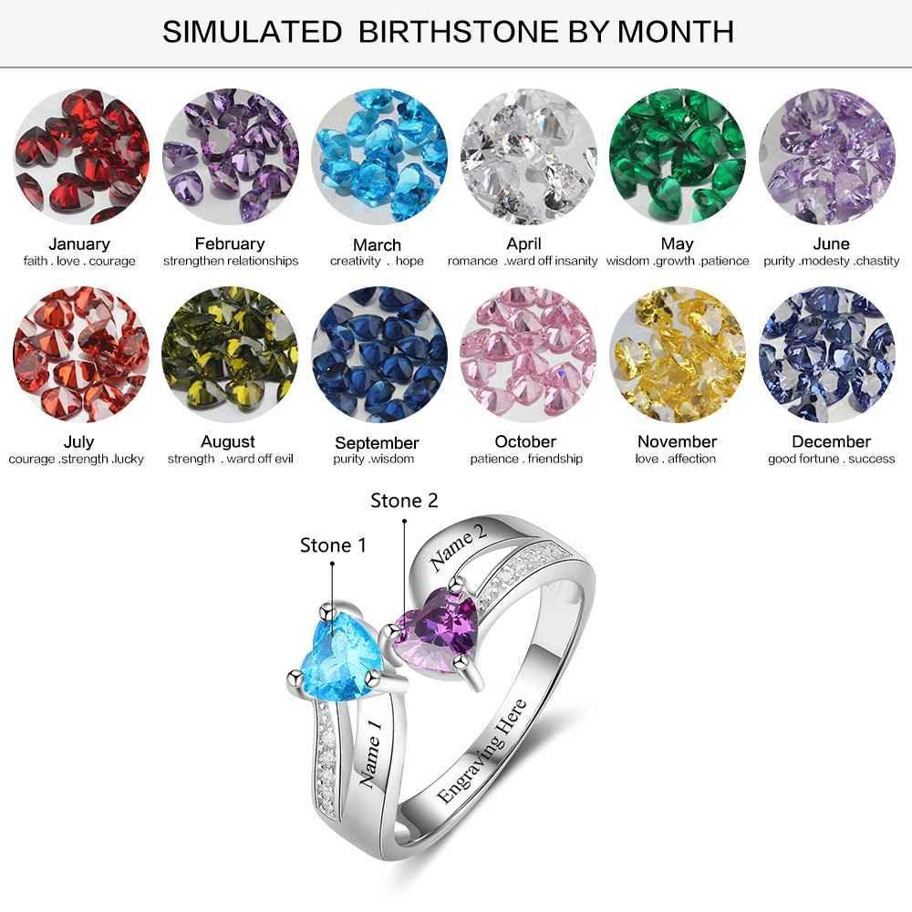 Personalized 925 Sterling Silver Ring - Custom Heart Shape Birthstone - Engraved Custom Names-Personalized Jewels