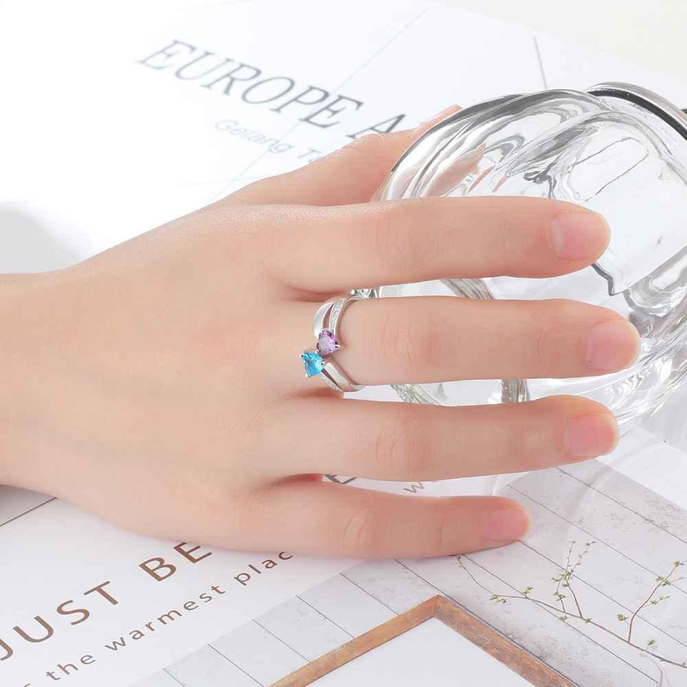 Personalized 925 Sterling Silver Ring - Custom Heart Shape Birthstone - Engraved Custom Names-Personalized Jewels