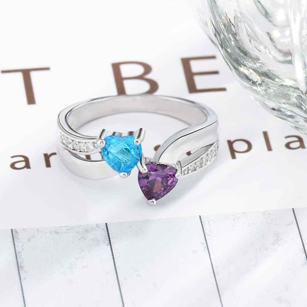 Personalized 925 Sterling Silver Ring - Custom Heart Shape Birthstone - Engraved Custom Names-Personalized Jewels