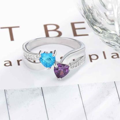 Personalized 925 Sterling Silver Ring - Custom Heart Shape Birthstone - Engraved Custom Names-Personalized Jewels