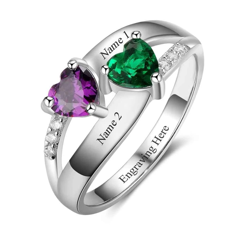 Personalized 925 Sterling Silver Ring - Double Heart Birthstone - Custom Engraved Names - Customized Gift-Personalized Jewels