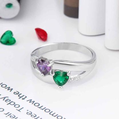 Personalized 925 Sterling Silver Ring - Double Heart Birthstone - Custom Engraved Names - Customized Gift-Personalized Jewels