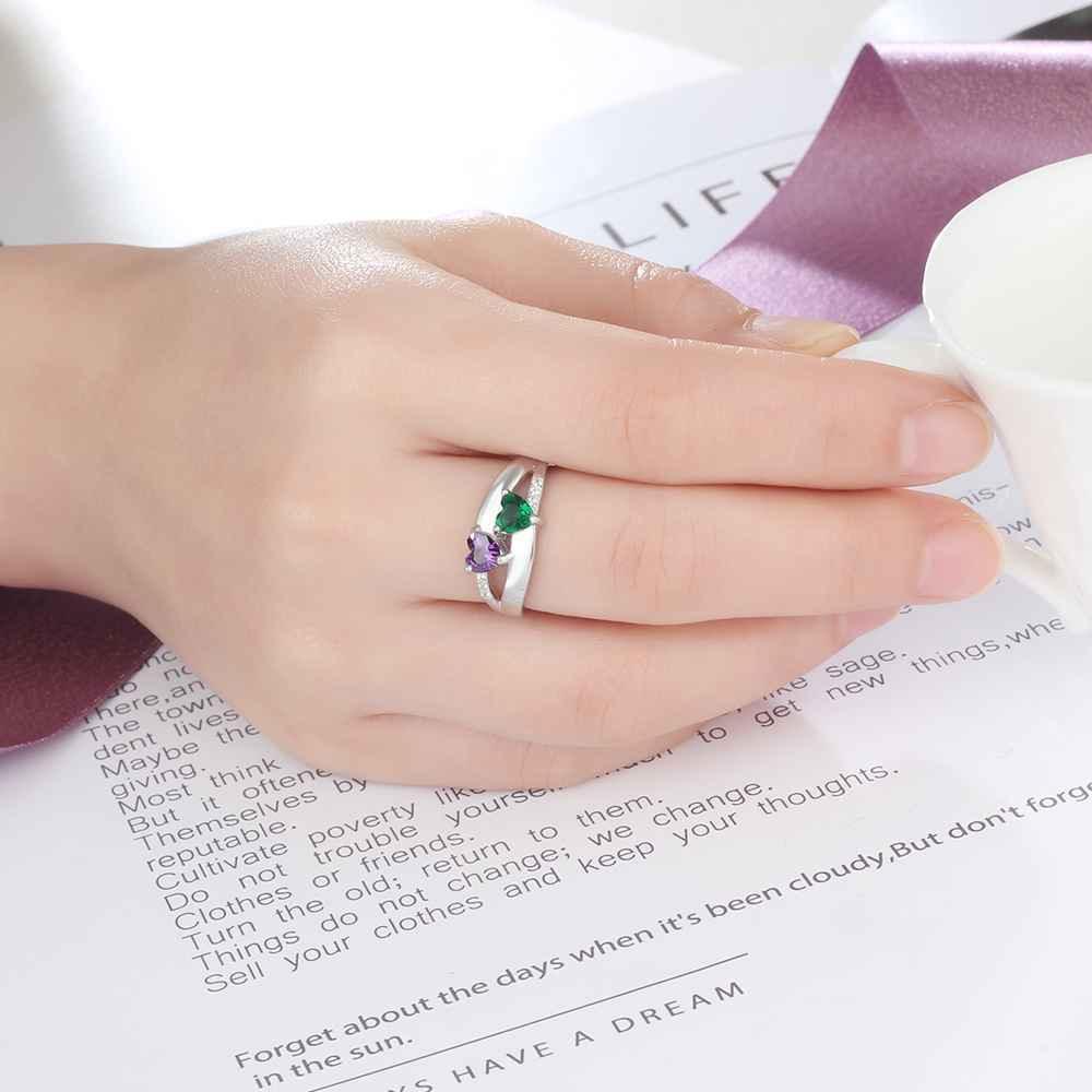 Personalized 925 Sterling Silver Ring - Double Heart Birthstone - Custom Engraved Names - Customized Gift-Personalized Jewels