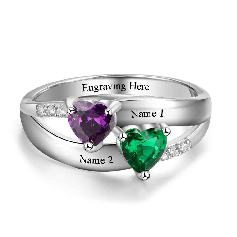 Personalized 925 Sterling Silver Ring - Double Heart Birthstone - Custom Engraved Names - Customized Gift-Personalized Jewels
