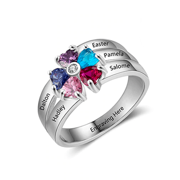 Personalized 925 Sterling Silver Ring for Mothers - Customized 5 Names Engraving and 5 Heart-Shaped Birthstones Ring-Personalized Jewels