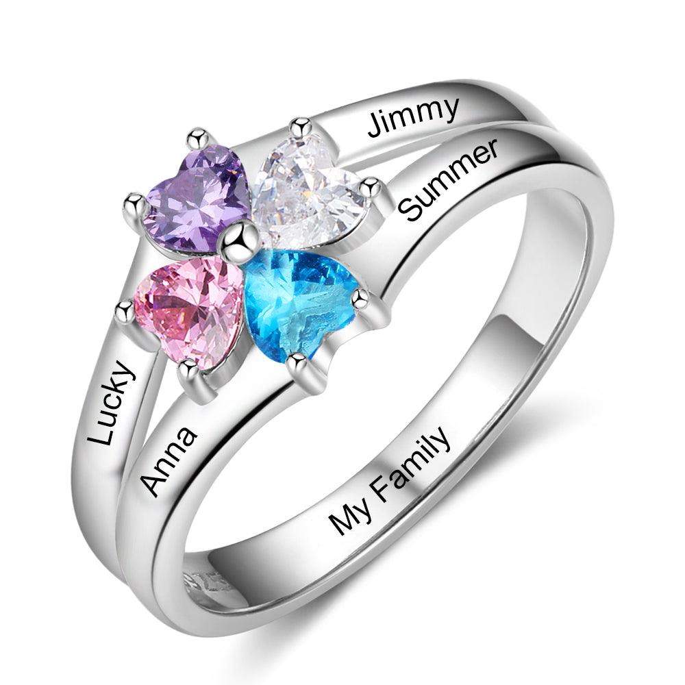 Personalized 925 Sterling Silver Ring - Four Birthstone Four Names and One Engraving For Mother's Day - Personalized Jewel