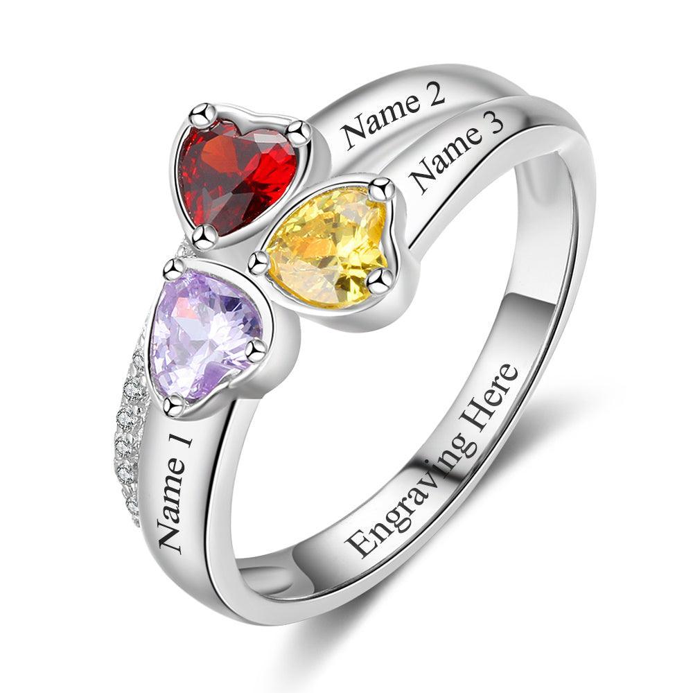 Personalized 925 Sterling Silver Ring - Three Birthstone Three Names and One Engraving For Mother's Day-Personalized Jewels