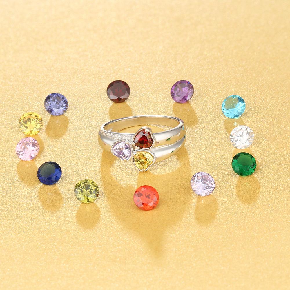 Personalized 925 Sterling Silver Ring - Three Birthstone Three Names and One Engraving For Mother's Day-Personalized Jewels