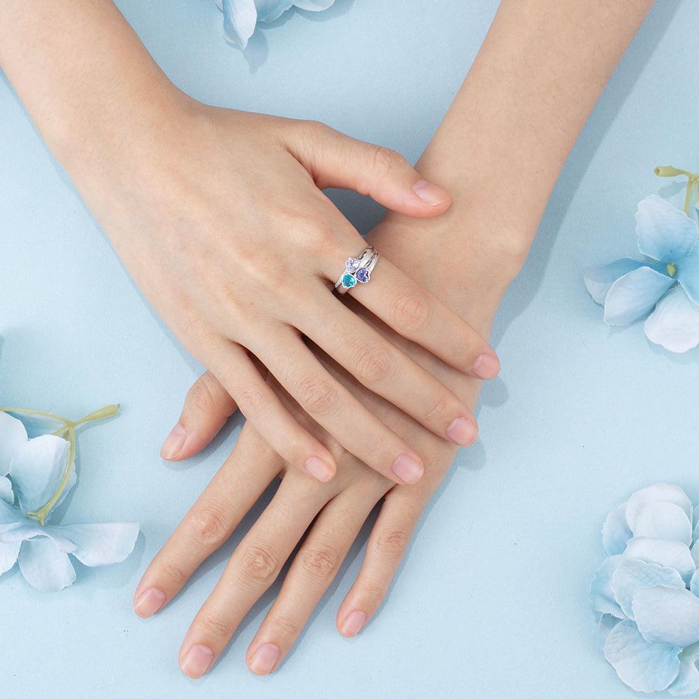 Personalized 925 Sterling Silver Ring - Three Birthstone Three Names and One Engraving For Mother's Day-Personalized Jewels