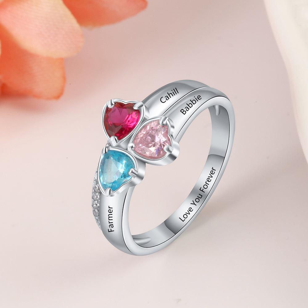 Personalized 925 Sterling Silver Ring - Three Birthstone Three Names and One Engraving For Mother's Day-Personalized Jewels