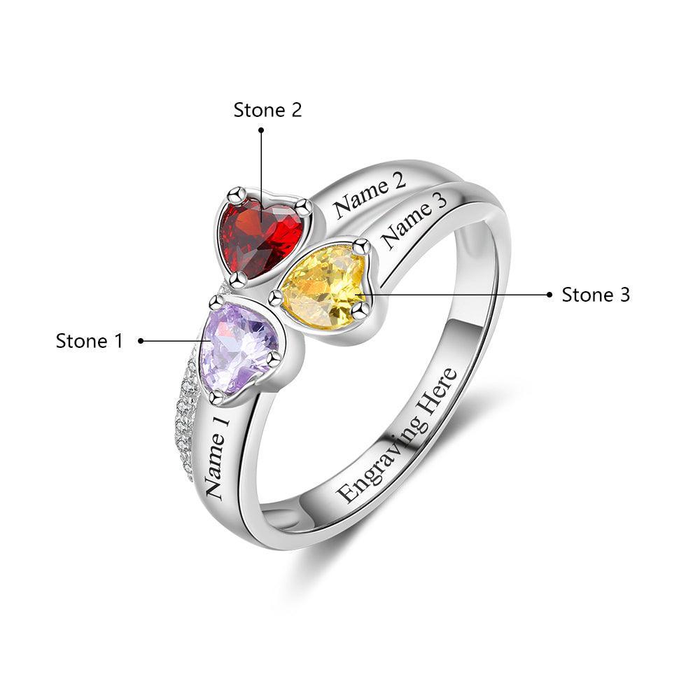 Personalized 925 Sterling Silver Ring - Three Birthstone Three Names and One Engraving For Mother's Day-Personalized Jewels