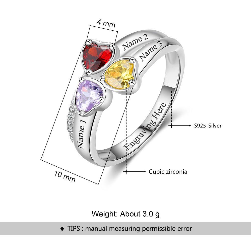 Personalized 925 Sterling Silver Ring - Three Birthstone Three Names and One Engraving For Mother's Day-Personalized Jewels
