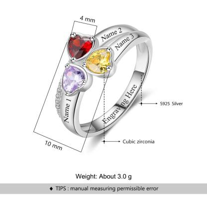 Personalized 925 Sterling Silver Ring - Three Birthstone Three Names and One Engraving For Mother's Day - Personalized Jewel