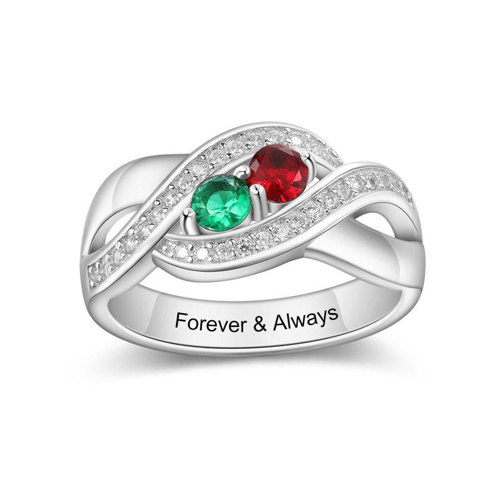 Personalized 925 Sterling Silver Ring - Two Birthstone and One Engraving For Mother's Day-Personalized Jewels