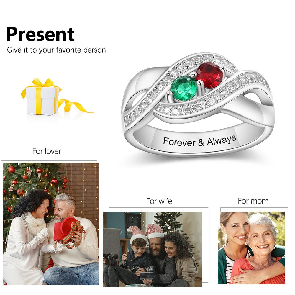 Personalized 925 Sterling Silver Ring - Two Birthstone and One Engraving For Mother's Day - Personalized Jewel
