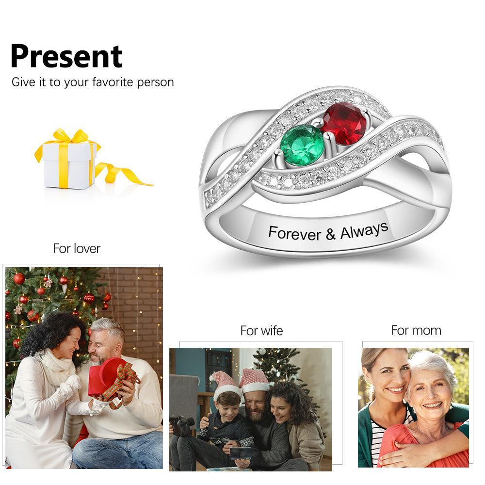 Personalized 925 Sterling Silver Ring - Two Birthstone and One Engraving For Mother's Day-Personalized Jewels