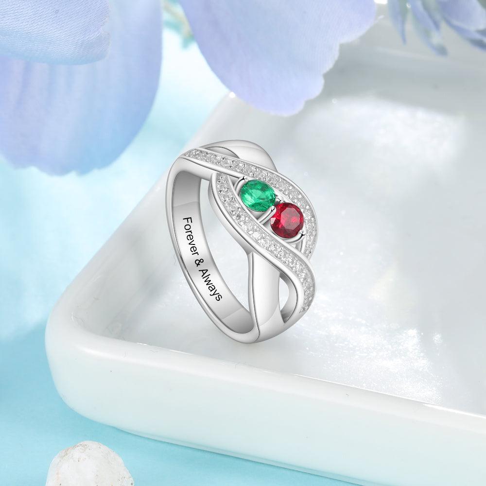 Personalized 925 Sterling Silver Ring - Two Birthstone and One Engraving For Mother's Day-Personalized Jewels