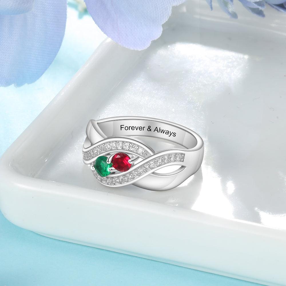 Personalized 925 Sterling Silver Ring - Two Birthstone and One Engraving For Mother's Day-Personalized Jewels