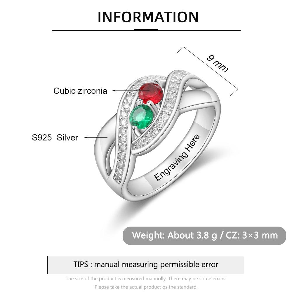 Personalized 925 Sterling Silver Ring - Two Birthstone and One Engraving For Mother's Day - Personalized Jewel